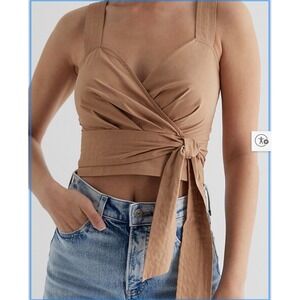 Express Wrap Tie Waist Crop Top Womens Medium Tan Excellent Smocked Back V-Neck